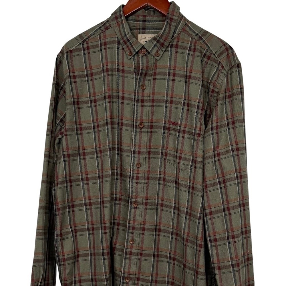 Coastal Cotton Mens XL Plaid Button Down Shirt Olive Green Burgundy Long Sleeve